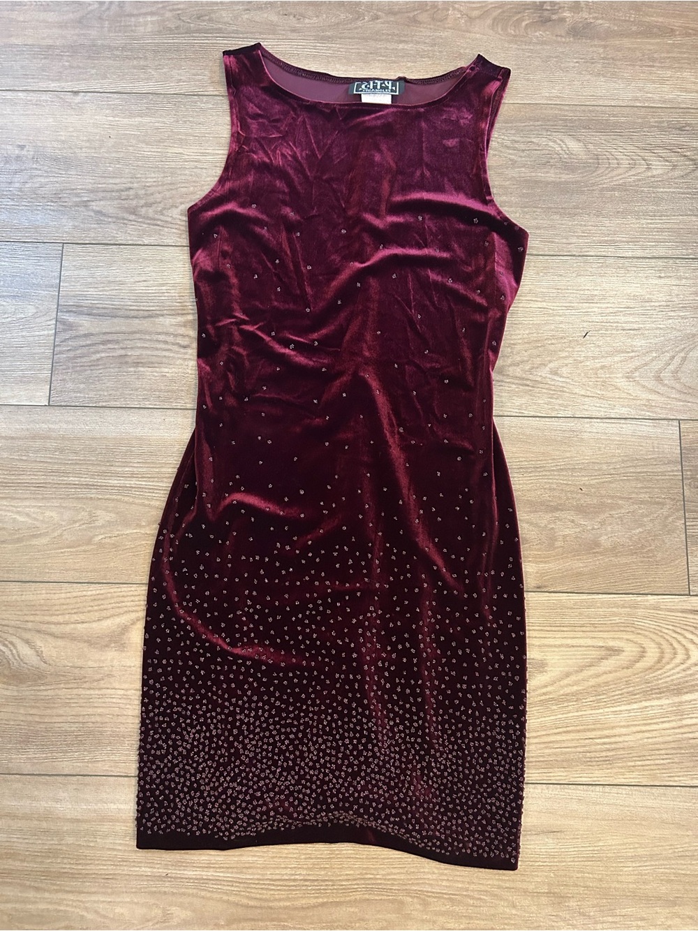 Vintage City Triangles Burgundy Velvet Rhinestone A-Line Party Dress Made USA
